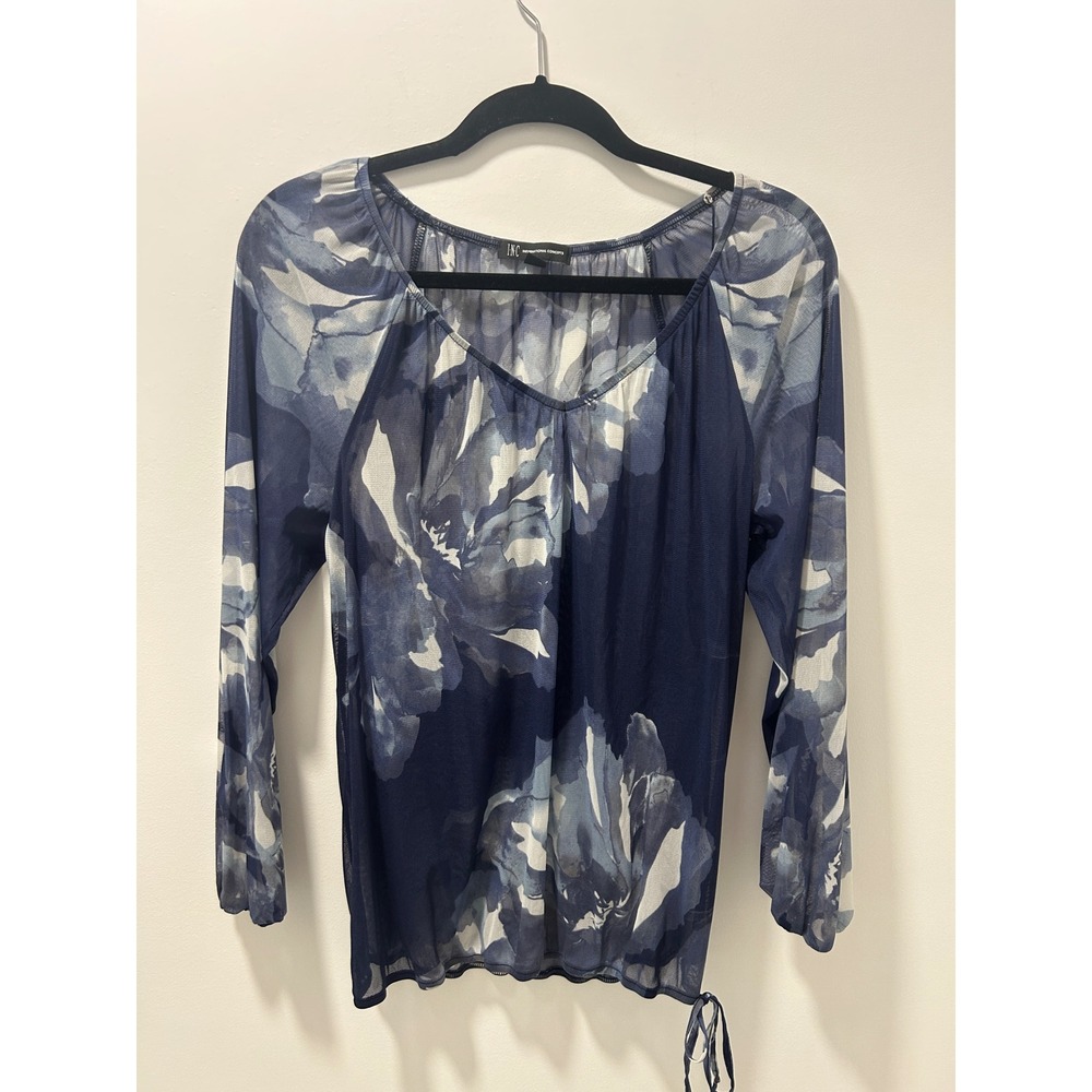 INC International Concepts Dreamy Blue Floral Mesh V-Neck Blouse Side Tie Top L